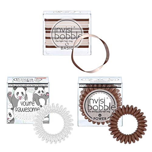 invisibobble Original Basic and Power Spiral Hair Ties - Weightless Hair Ring with Strong Grip, Non-soaking, Hair Accessories for Women - (Brown and White)