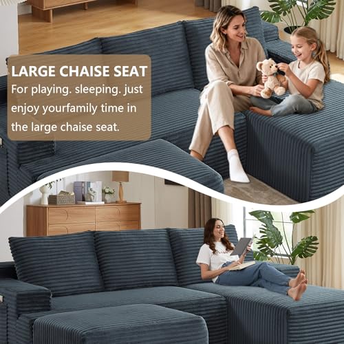 Image of 96 inch U-Shape Cloud Couch, Modern Modular Sectional L-Shape Sofa with Ottoman, Corduroy Upholstered Couches Deep Seat Sleeper Chaise Longue for Living Room, No Assembly Required(Dark Gray, Right Facing)