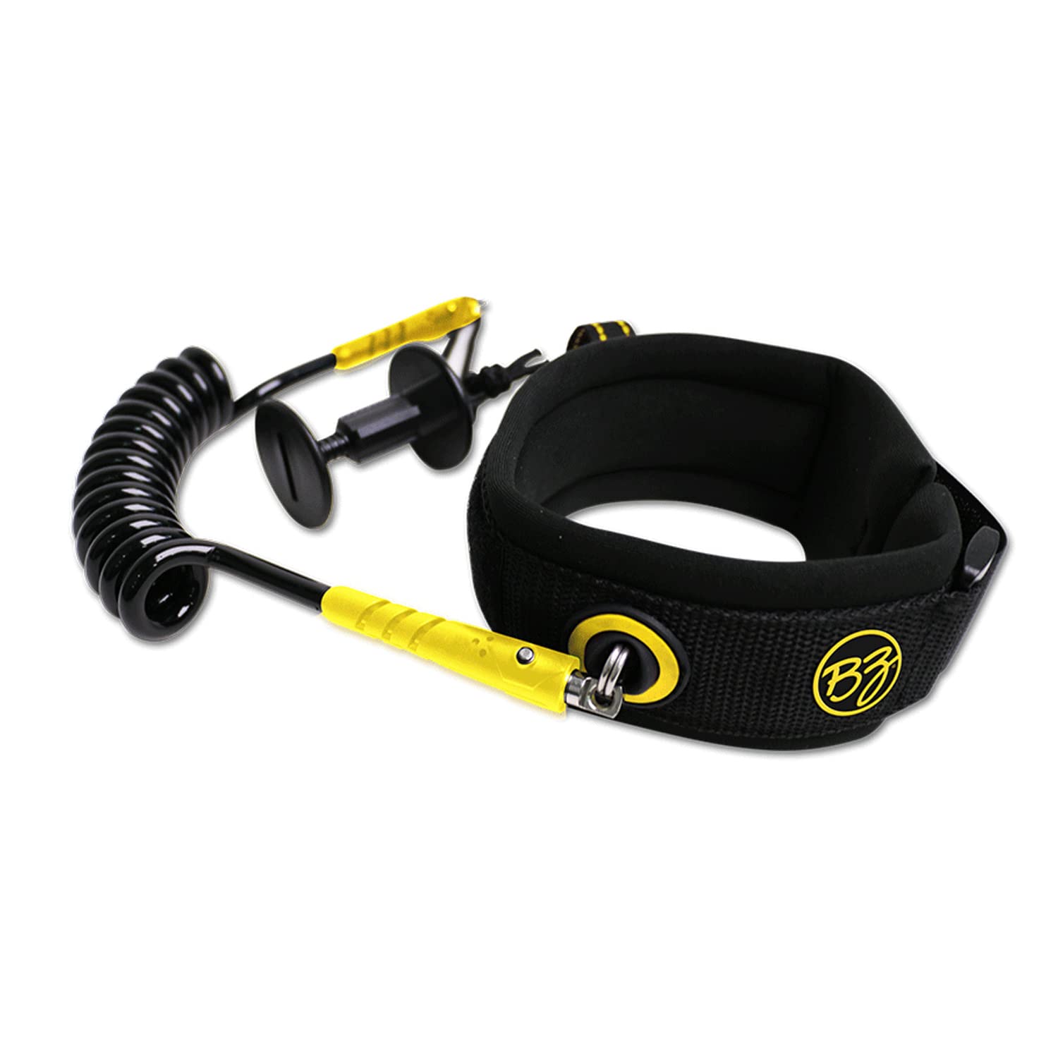 BZ Bicep Coil Leash (Yellow) - Bodyboard Bicep Leash - High Perfomance Coil - Lightweight - with Plug - Double Bearing 360 Swivel - Surefire Release - 7mm Urethane Cord -Neoprene Cuff Cuff Size: 32cm