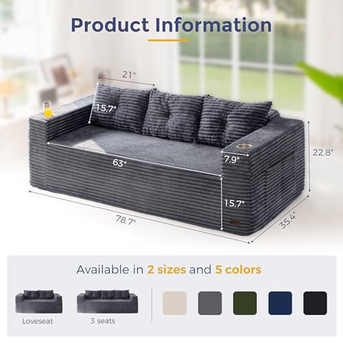 Image of MAXYOYO 79 inch Oversized Boneless Loveseat Sofa Couch for Small Spaces, Mini Love Seat Floor Couch with Cup Holders and Pillows, 3-Seater Upholstered Cloud Couch for Bedroom, No Assembly Required