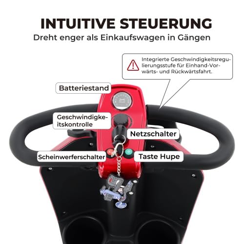 Scooter de movilidad MAX PLUS rojo para mayores, motor 300 W, autonomía 25 km, carga 136 kg, asiento 360°, LED, neumáticos 9 pulgadas