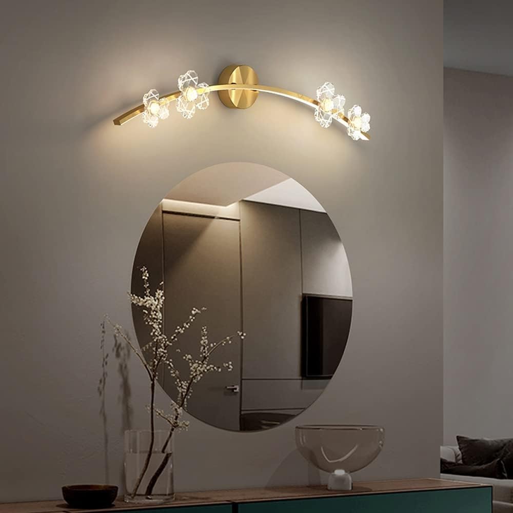 Lampada da toeletta in oro, Lampada da parete a fiori in acrilico a LED in ottone nordico, Lampada da armadio a specchio for bagno Dimmerabile Lampada da parete tutta in rame creativa, Applique da par