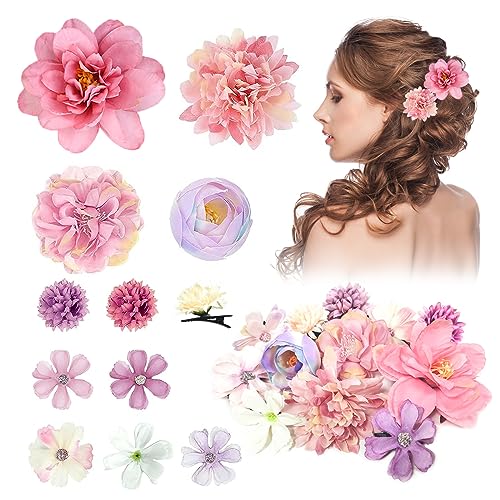 Harewu Silk Flower Hair Clip 12Pcs Roses Flower Headdress Clips Bridal Wedding Corsage and Headdress Beach Party Hair Clips Accessories (Pink and Purple)