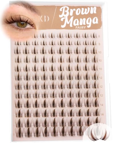 Brown Manga Lash Clusters Wispy Spiky Eyelash Clusters C Curly Fairy Cluster Eyelash Extensions with Invisible Band 8-16MM Anime Individual Lashes for DIY Lash Beginners
