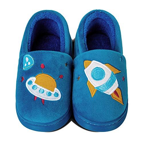Jungen Mädchen Hausschuhe Winter Plüsch-Hausschuhe für Kinder Kuschel Unicorn Warme Flauschige Antirutsch Sohle(UFO blau,30/31EU)