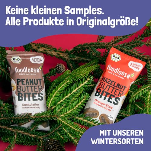 foodloose Bio-Snack Adventskalender 2025 | Vegan, glutenfrei und laktosefrei| Nussriegel, Nut Butter Bites & White Delights|Inklusive limitierter Wintersorten & Überraschungen