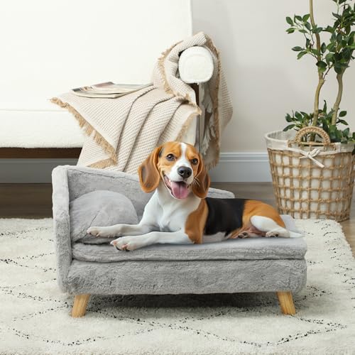 PawHut Hundesofa für mittelgroße Hunde, Hundebett mit abnehmbarem und waschbarem Kissen, Haustiersofa mit Holzbeine, mit Erhöhtem Design, 15 kg, Hellgrau