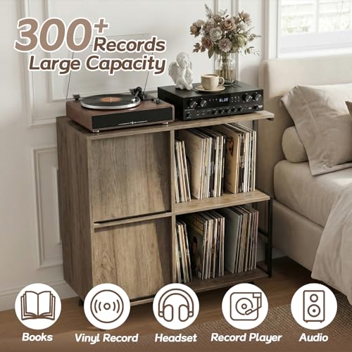 Image of Faesun 3 Tier Flip Top Record Player Stand, Vinyl Record Storage Holds up to 300+ Albums, Large Record Player Cabinet, Vintage Turntable Stand with Vinyl Display, for Living Room Bedroom, Gray