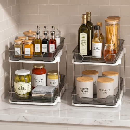 Image of Satpurush 2 Tier Kitchen Organizer Rack for Countertop, Space Saving Multipurpose Organiser with Transparent Trays for Spice Jars, Oil Bottles & Containers, Large + Compact, Smoke Gray