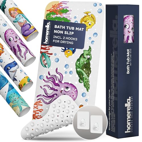 Image of Bath Tub Mat Non Slip Anti Mold for Kids BPA Free INCL Hooks - homerella® Ocean Sea Animals 40x16, Baby Bath Mat Non Slip 200 Suction Cups, Non Toxic Machine Washable Toddler Bath Mat, EU Certified