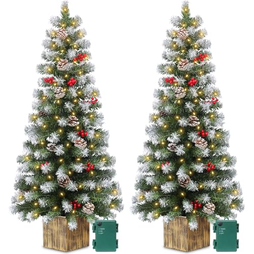 2 Pack 4 Ft Entrance Christmas Tree in Wood-Like Box Base Artificial Potted Xmas Tree with 60 LEDs Warm White Light Timer Waterproof Battery Box 140 White Tipped Branches Pinecones Berries for Door