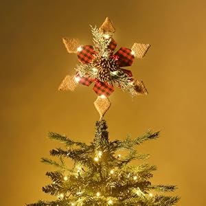 Valery Madelyn Christmas Tree Topper Star with Timer, 12 Inch Pre-Lit Farmhouse Rustic Red Black Fabric Metal Star Tree Topper with Lights and Pinecone for Tree Valentines Decor, Valentines Gifts Valery Madelyn Christmas Tree Topper Star with Timer 12 Inch Pre Lit Farmhouse Rustic Red Black Fabric Metal Star Tree Topper with Lights and Pinecone for Tree Valentines Decor Valentines Gifts