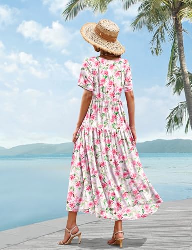 Image of YESNO Women Casual Loose Bohemian Floral Dress with Pockets Short Sleeve Long Maxi Summer Beach Swing Dress EJF