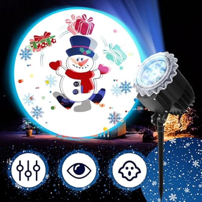 Christmas Projector Light with 1 Film Slides Holiday LED Snowman Projector Lights Outdoor Reflectors Waterproof Landscape Decorative Rotation Lighting Movement Projection Lamp for Yard Home