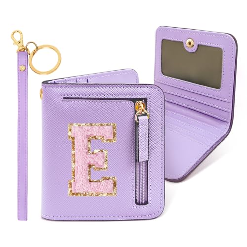 Image of COSHAYSOO Initial Wallet RFID Small Bifold Slim Letter Wallet for Women Teenager Girls Travel Daily Necessities Credit Cards Money Cash Coin Organizer, Lavender, Compact, E