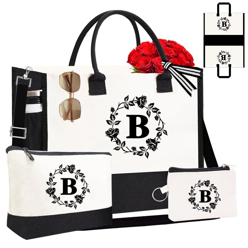 Adoryoung Monogram Personalized Initial Canvas Tote Bags, Double-sided Embroidery Tote Beach Bags Gifts