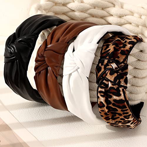 Drnytunk 4 Pack Headbands For Women,3Pcs Pu Leather Cross Knotted Headbands And 1Pcs Leopard Top Knotted Wide Headband Non-Slip Elastic Hair Accessories For Women And Girls #TOP3