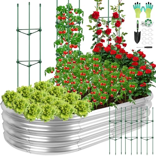 Qinzave Galvanized Raised Garden Bed with Tomato Cage, Metal Raised Garden Bed with Trellis Galvanized Planter Garden Box Outdoor, Gardening Planter for Vegetable Fruit Flower Herb