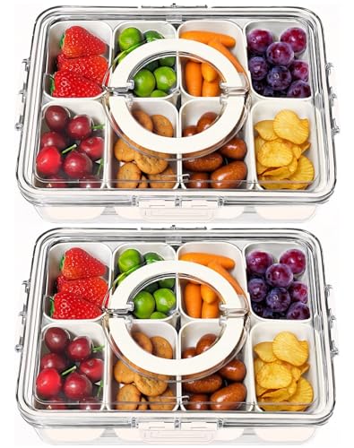 Divided Serving Tray with Lid and Handle - Portable Snackle Box Charcuterie Container, Clear Snack Platter Organizer for Fruits, Candy, Nuts, Snacks - Ideal for Party, Travel & Picnics