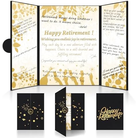 Pusunas Retirement Gift for Men Woman, Black Gold Happy Retirement Party Decorations, Large Retirement Card Guest Book Alternatives Signature Board, Going Away Goodbye Farewell Gifts for Coworkers Cover