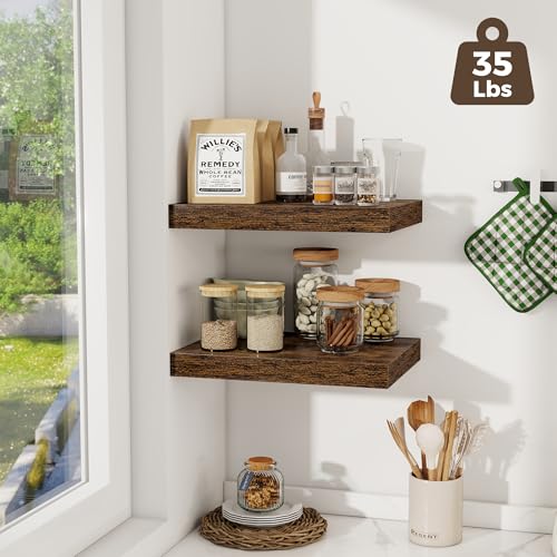 Image of Fun Memories 12 Inch Deep Floating Shelves, 16 x 12 Wooden Wall Shelves, Extra Deeper & Thicker Rustic Wall Mounted Storage Shelf for Fireplace, Living Room, Kitchen, Farmhouse, Rustic Brown - 2Pack