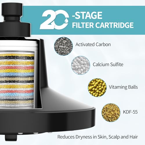 Image of SR SUN RISE Filtered Shower Head with Filters, 20-Stage Shower Head Filter for Hard Water, High Pressure Showerhead with Easy-Replace Cartridge to Remove Chlorine & Heavy Metals (7-Inch, Black)