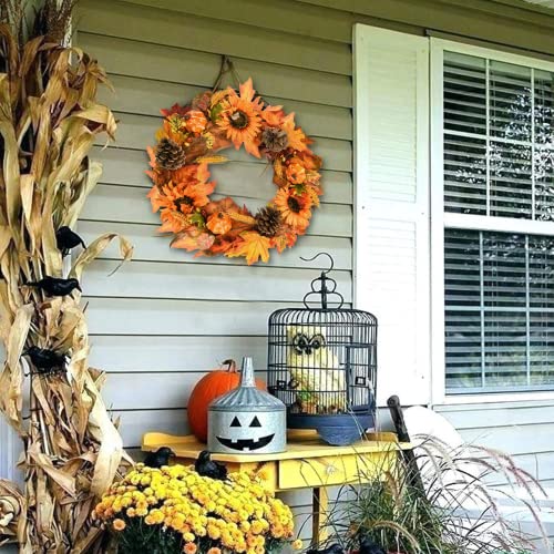Martine Mall Artificial Maples Leaf Wreath Harvest Wreaths For Front Door Artificial Autumn Wreath With Pine Cones Sunflowers Pumpkins Wheat Ears Fall Wreath For Thanksgiving Autumn Home Decor #TOP2