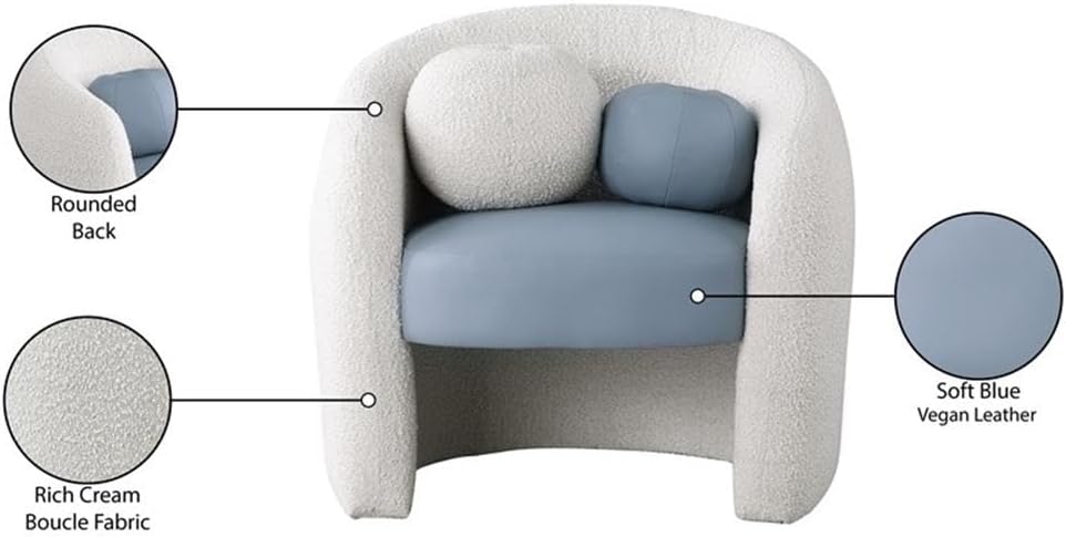 BOWERY HILL Accent Chair, Contemporary Barrel Design, 33.5" W x 30.5" D x 30" H, Cream Boucle Fabric and Blue Vegan Leather, Rounded Back, Comfortable Living Room or Reading Nook Seating