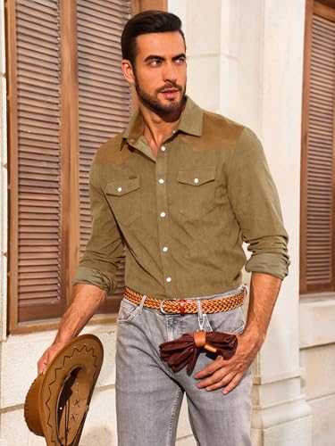 Image of Yousify Mens Western Cowboy Shirt Retro Corduroy Shirts with Pockets | Long Sleeve, Button Down, Vintage Snap Shirt, Country Shacket Jackets