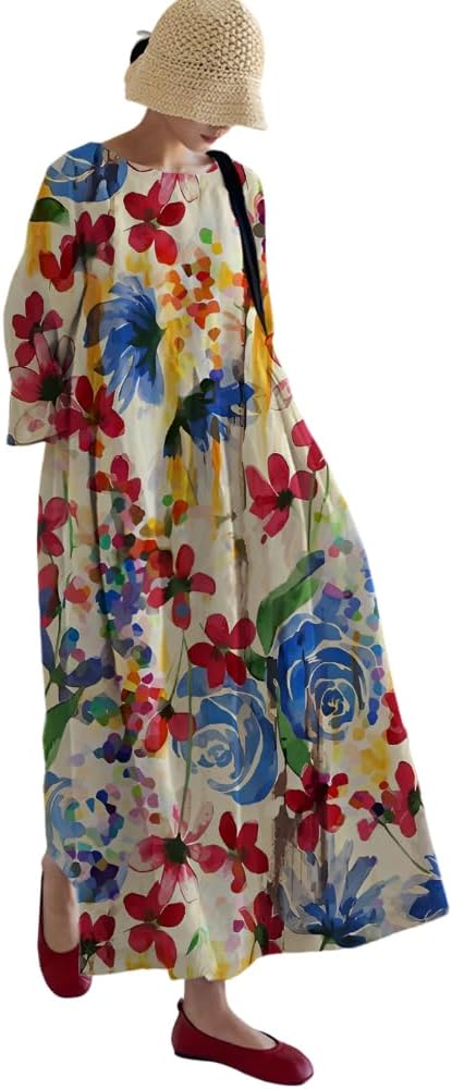 Akivide Womens Casual Loose 3/4 Sleeve Cotton Boho Floral Maxi Dresses Oversized Round Neck Long Maxi Fall Swing Dress