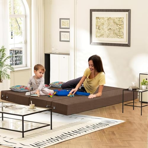 Image of Rosebell 4 Seater Sofa Cum Bed, Foldable Sofa Bed 6 X 6 Feet, Jute Fabric- Washable Cover- with 4 Cushion Perfect for Home & Office - Brown-Color