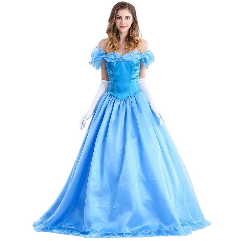 AYIMEIS Damen Cinderella Prinzessin Kleid mit Handschuhen Aschenputtel Verkleidung Prinzessin Kostüm Blau Abendkleid Weihnachten Halloween Karneval...