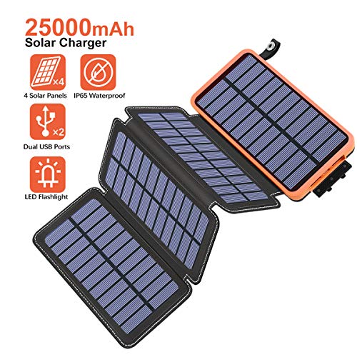 Hiluckey Solar Powerbank 25000mAh, Solar Ladegerät mit Dual 2,1A Output Wasserdicht Power Bank für iPhone, Samsung Galaxy, iPad und Smartphones
