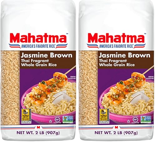 Image of Mahatma Brown Jasmine Rice-Bag 2lb, Brown Thai Jasmine-Rice, Microwave Rice in 20 Minutes or Cook on Stovetop in 30 Minutes (Pack of 2)
