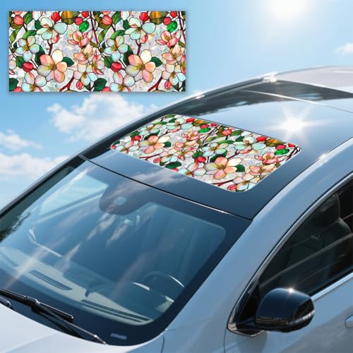 Image of JOONOR Crabapple Blossom Flower Sunroof Film Floral Rainbow Effect Static Clings Window Privacy Film Sun Protection Stained Glass Decals for Car Moonroof & Side Windows, 17.72 x 35.43 Inch