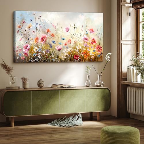 crmotu Large Wall Art for Living Room, Flower Market Botanical Prints, Floral Nature Decor Canvas Pictures, Meadow Wildflower Rustic Home Decorations, Modern Bedroom Farmhouse Wall Decor 30"X60"