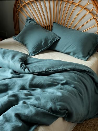 Image of XZ XIFA 100% Washed French Flax Linen Duvet Cover Set - 3 Pieces, Cooling & Textured Farmhouse Bedding for Hot Sleepers, with Zipper Closure (Blue, Queen)