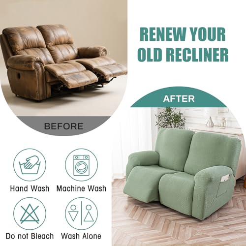 Image of Genina Recliner Loveseat Cover Stretch Couch Covers Sofa slipcover for 2 Seat Reclining Couch Thick Jacquard Furniture Protector (Matcha Green)