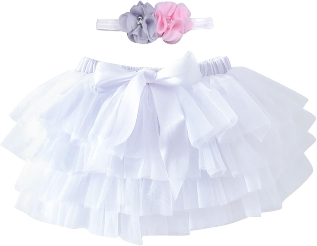 Baby Girls Soft Fluffy Tutu Skirt Toddler Girl Tutu Skirt Sets with Flower Headband for Party (White, 12-24 Months)