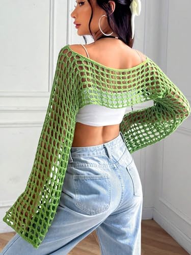 Image of hathne Women Hollow Out Sweater Crop Flounce Off Shoulder Open Knit Top See Through Crochet Trumpet Long Sleeve Knit Top(Green,XL)