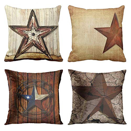 Emvency Set of 4 Throw Pillow Covers Rustic Country Western Star Barn Texas Wooden Cabin West Primitive Decorative Pillow Cases Home Decor Square 20x20 Inches Pillowcases