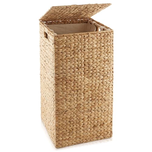 Image of Casafield Laundry Hamper with Lid and Removable Liner Bag - Natural, Woven Water Hyacinth Square Laundry Basket Sorter for Clothes and Towels