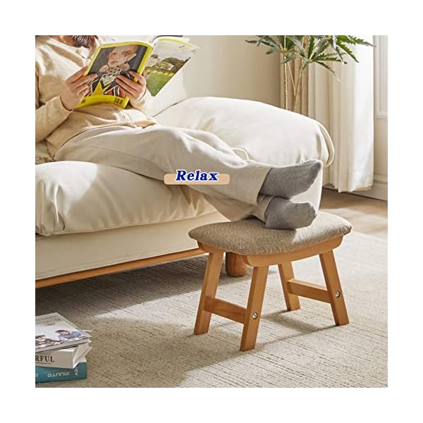   Foot-Rest-Ottoman-158x10x114-inch-Small-Foot-Stool-Ottoman-Wooden-Step-Stool-with-Soft-Cushion-for-Living-Room-Bedroom-and-Kitchen-Khaki-CoverNatural-Wood-Legs-YD-1358