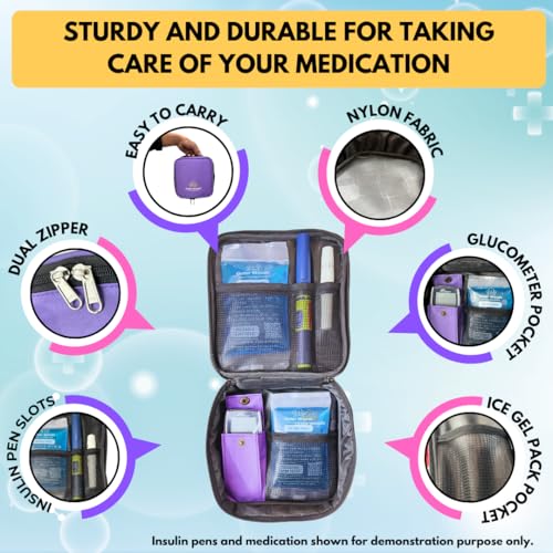 Image of Insulin Cooling Travel Bag for Diabetics | Two Ice Gel Packs | Keep Insulin Cool and Safe for 6-8 Hours | Cooler Pouch Case (Purple)