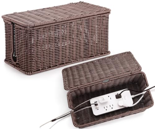 Image of ZhiYo Rattan Cable Management Box, Dark Brown, 13.5 inch x 6.2 inch x 6 inch | Handwoven cord organizer conceals power strips and cables for a cleaner home or office setup, cord hider design