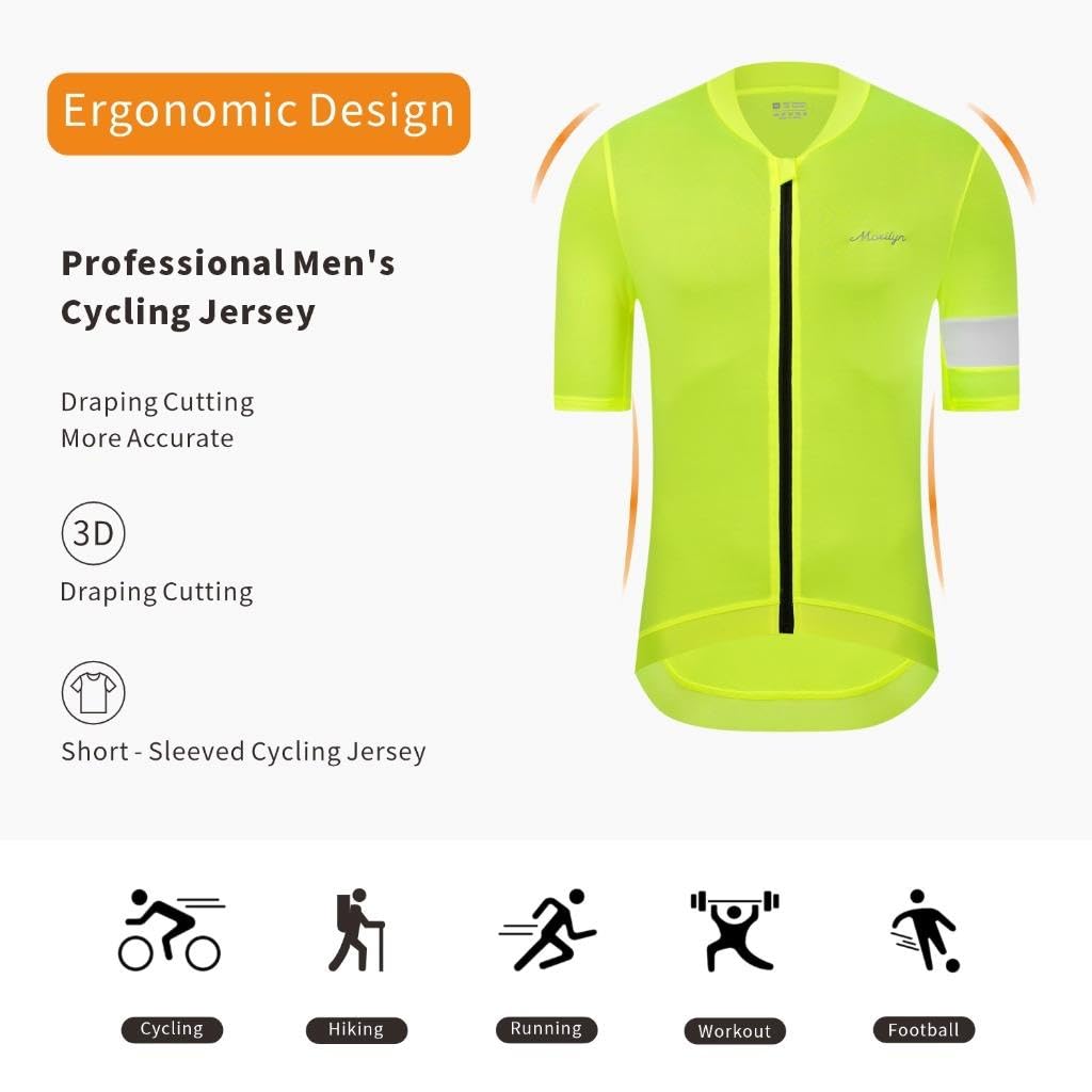 MOXILYN Herren-Radtrikot, Rennrad-Shirt, kurzärmelig, durchgehender Reißverschluss mit 4 Taschen, reflektierend, breiter Anti-Rutsch-Saum