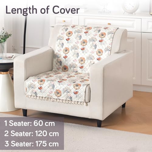 Image of HOKIPO Wildflower Breeze Quilted Sofa Cover with Tassels 1 Seater for Seat & Back, (152x60 cm), 'Tassel Twigs' Series (IN-989-T7)