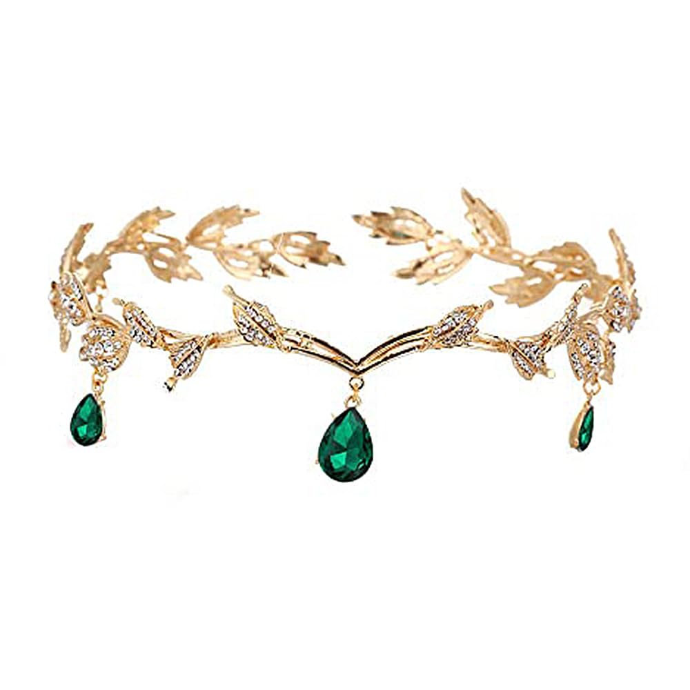 Tiara de Cristal de Boda Tiara de Corona del Verde Rhinestone de Tiara Hermosa de Boda de Moda Tiara Nupcial de Princesa Tiara de Cristal de Mujeres (Dorado)