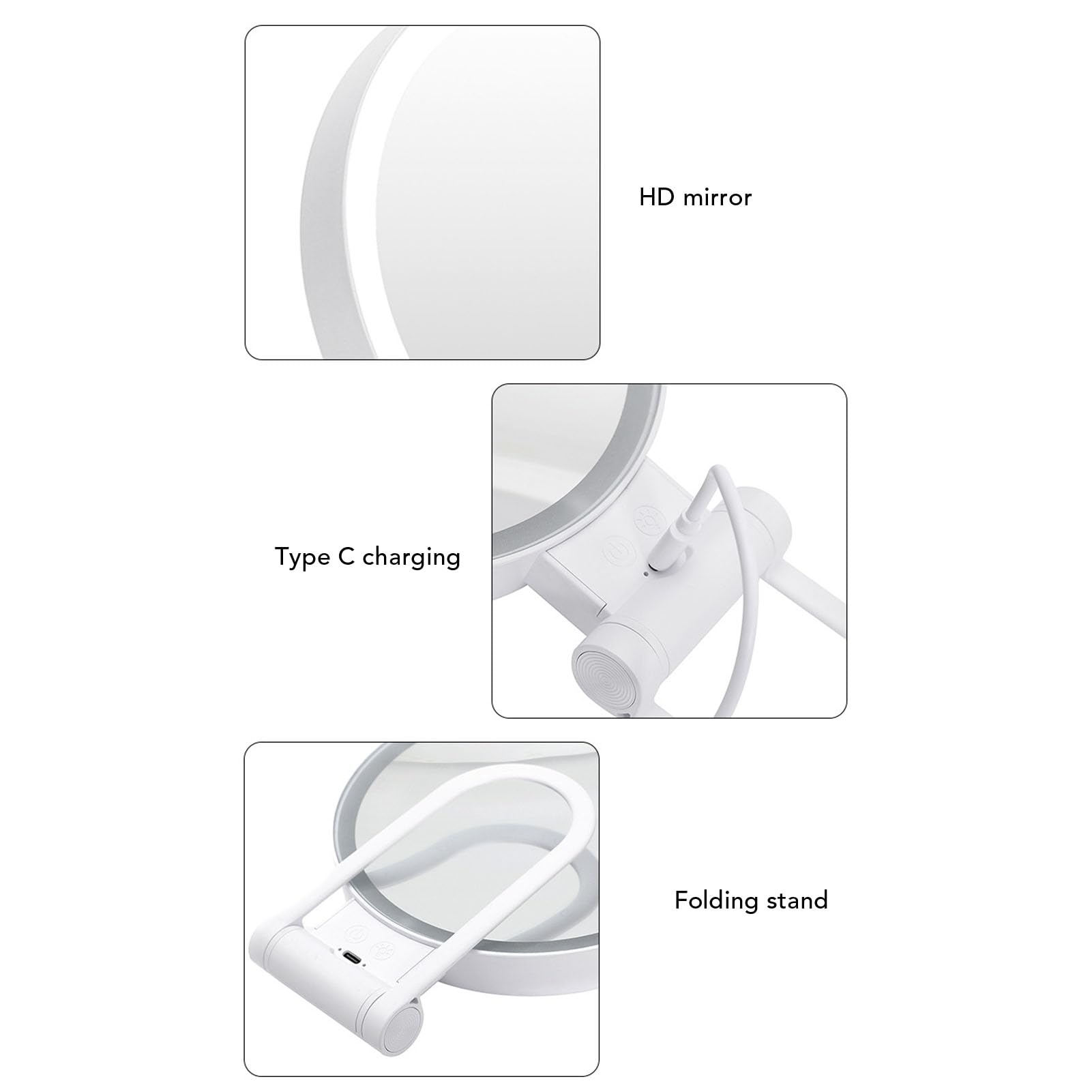 Fabater Specchio Ingranditore Bifacciale 1X 5X con Luce LED Tavolo Specchio Cosmetico Maniglia Pieghevole Viaggio Portatile Bianco, Touch Control Illuminazione a Tre Colori USB