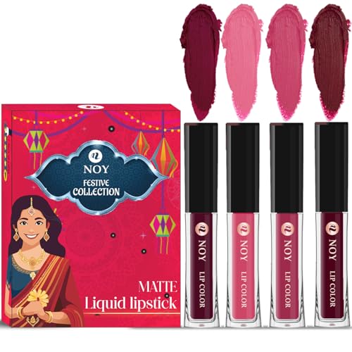 Image of Noy Festival Collection 4 Liquid Matte Lipstick Shades Wine, Peach, Pruple, Maroon Shades